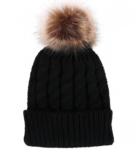 Winter Hand Knit Beanie Hat with Faux Fur Pompom - Black - CV12MXRRMKQ