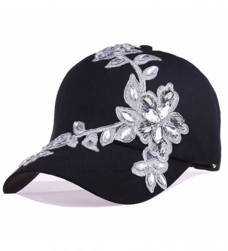 CRUOXIBB Women Cotton Cap Sequins Bling Rhinestone Lace Flower Fashion Baseball Hat - Black - CE183QXKTCY