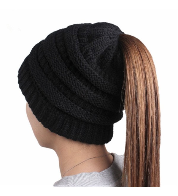 F&U Ponytail Wool Cap Multi-Color Knit Floppy Hat Winter Beanie For Women - Black - CB1886R3ZEE