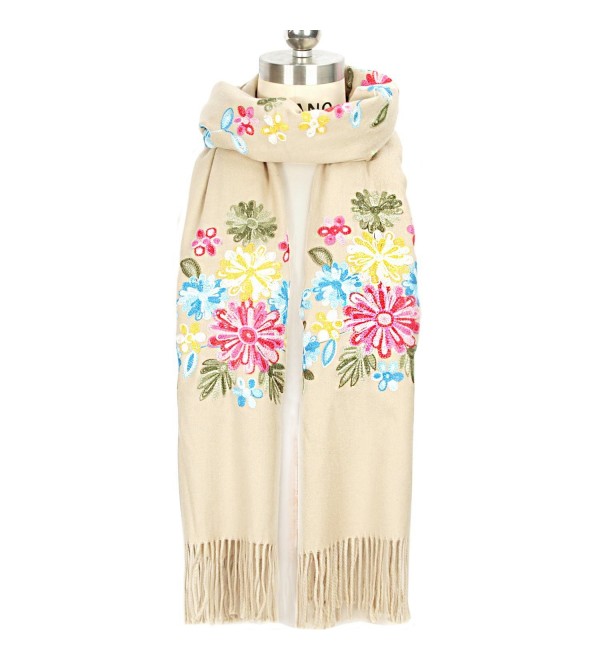 LOUISE&FIONA Women Scarves Floral Embroidery Tassels Cashmere Feel Scarf Wrap Shawl - Beige - CJ187EU20OY