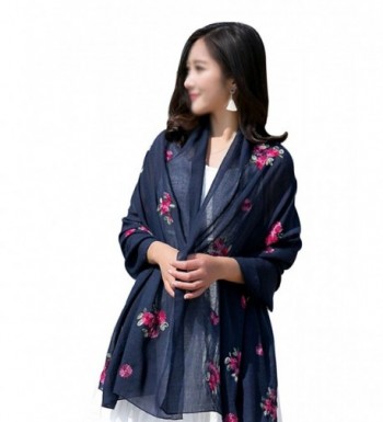 Women Exotic Style Floral Embroidery Silk Scarf Cotton Linen Pashmina Shawl Wrap Scarves - Dark Blue - CT184WIUAT5