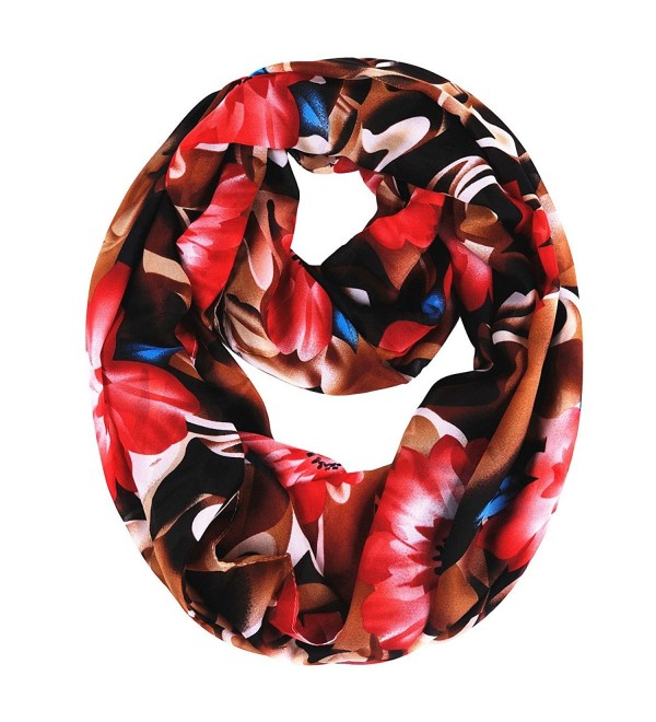 Ladies Sheer Soft and Light Weight Woven Endless Infinity Loop Circle Scarf - Red Floral - CR12M9LLLAV