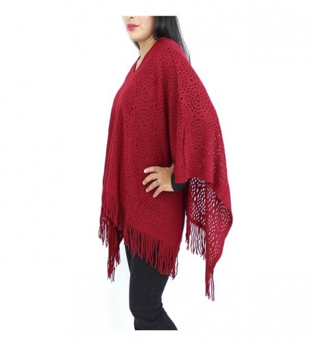 V Neck Knitted Short Poncho Burgundy in Wraps & Pashminas