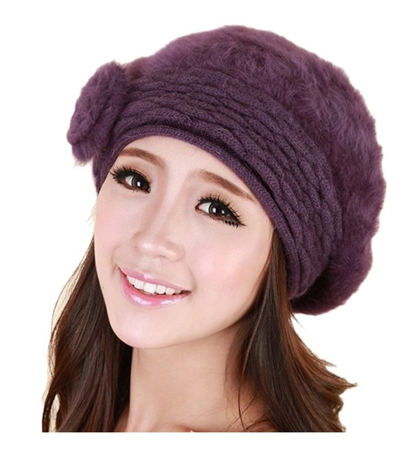 Women Winter Warm Soft Beanie Protective Ear Angora Knit Beret Hat Cap Purple - CQ129B449CR