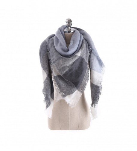 Women FW Geometric Patterns Grid Tassel Cashmere Large Tippet Square Scarf - Light Blue - CB12MDJZFBB