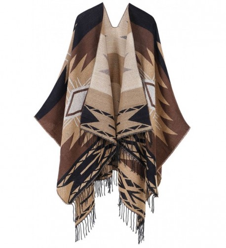 EPGM Women's Lovely Draped Fringed Open Front Abstract Pattern Cardigans Poncho Wrap - Khaki - C6188ZCO406