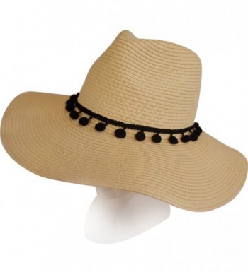 MAISON DE COCO Adjustable Sized Pompom Band Panama Wide Brim Straw Fedora Hat - Black - CS12JHEMO5Z