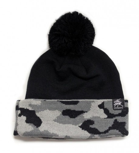 City Hunter Camo Pattern Long Cuffed Pom Beanie - Black/Grey Camo - CV11I8KI70V