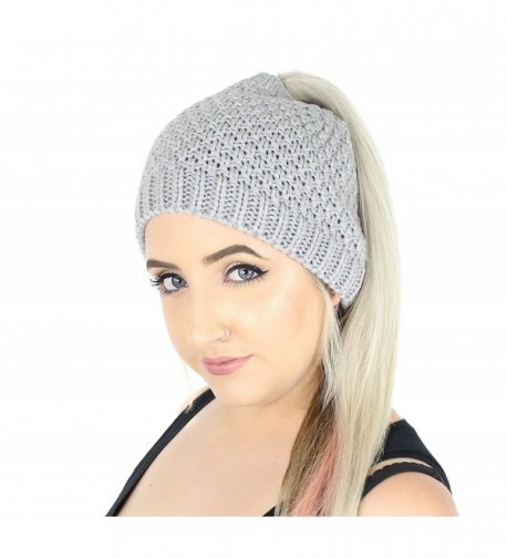 Winter Waffle Knit Ponytail Beanie Hat- Stretchy Messy Bun Knitted Skull Cap - Grey - CV186GOWG5N