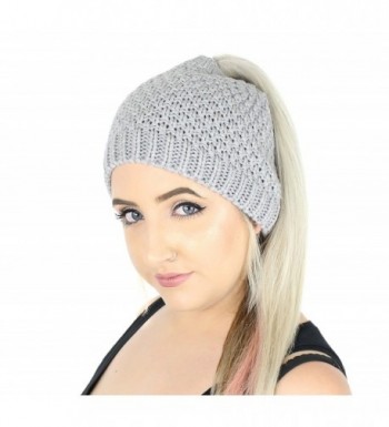 Winter Waffle Knit Ponytail Beanie Hat- Stretchy Messy Bun Knitted Skull Cap - Grey - CV186GOWG5N