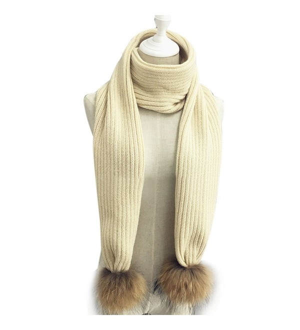 LITHER Women Winter Knitted Scarf Detachable Large Real Raccoon Fur Pom Pom - Beige - C112N4Q2LC6