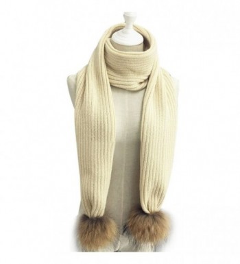 LITHER Women Winter Knitted Scarf Detachable Large Real Raccoon Fur Pom Pom - Beige - C112N4Q2LC6