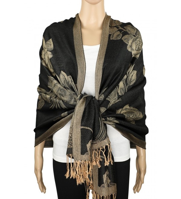 Achillea Two Tone Floral Roses Reversible Pashmina Scarf Shawl Wrap Stole 78" x 27" - Black/Gold - CW1865KL0HU