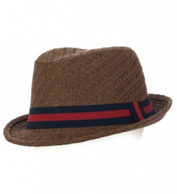 DRY77 Natural Solid Color Tweed Pattern with Two Tone Stripe Fedora - Brown - CK11LUO1WZT