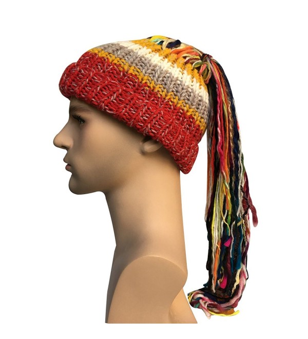 Kafeimali Men/Women Barbarian Vagabond Knit Hat Wig Ponytail Beanie Funny Caps - Red - CE1873N0R2Y
