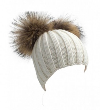 Winter Knit Crochet Beanie Raccoon Fur Double Pom Pom Ball Bobble Hat Crochet Ski Cap - White - CY186NQ68H3