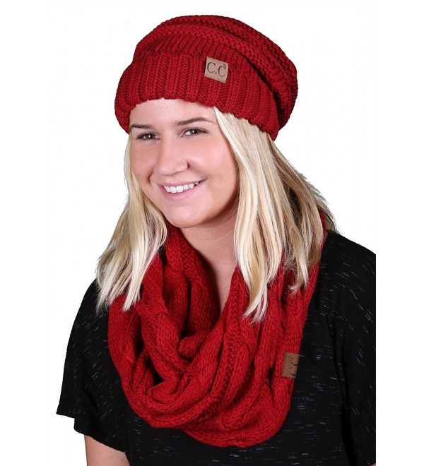 CC Oversized Slouchy Beanie Bundled With Matching Infinity Scarf - Red - CL188YQOU7G