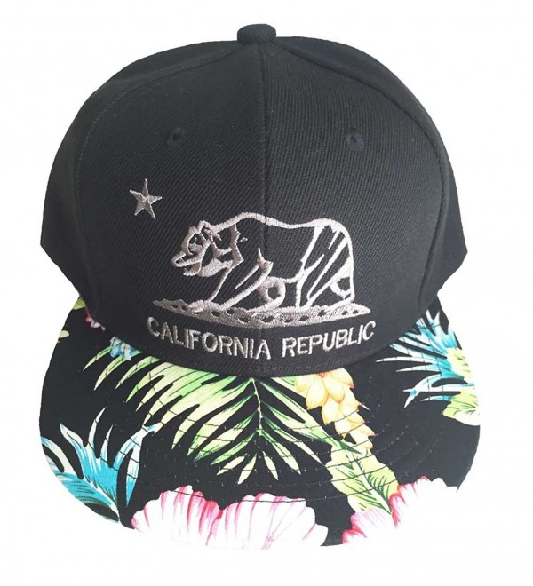 Aesthetinc California Republic Cali Bear Cap Hat Flat Bill Snapback with Floral Flower Print - Black Floral - CA124DAO7ZH