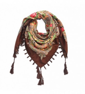 Women Scarf Vintage Trendy Fringe Big Square Long Warm Floral Scarves Shawl - Brown & Small - CH18698G8ZM