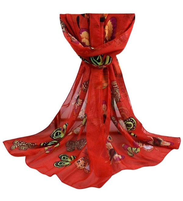 Leewa New Trendy ! Women Long Shawl Chiffon Butterfly Print Scarf - Red - CE12OHZL9KO