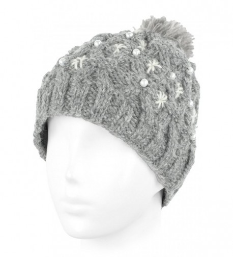 Knit Wool Beanie Skull Cap Toque With Fleece Lining - Oxford Gray- White Pompom - CS129ZTCAJB