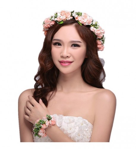 beauty YFJH Rose Flower Headband Wreath Wrist Band Set Crown For Wedding Festivals - Pink - CD18498688S