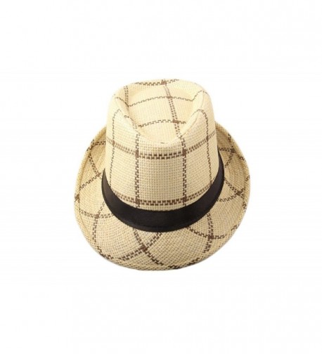 Dantiya Men's Plaid Straw Beach Sun Fedora Panama hats Dark beige - CS11ZPO0UTT