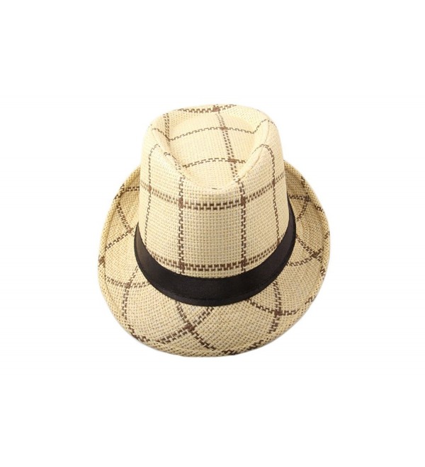 Dantiya Men's Plaid Straw Beach Sun Fedora Panama hats Dark beige - CS11ZPO0UTT