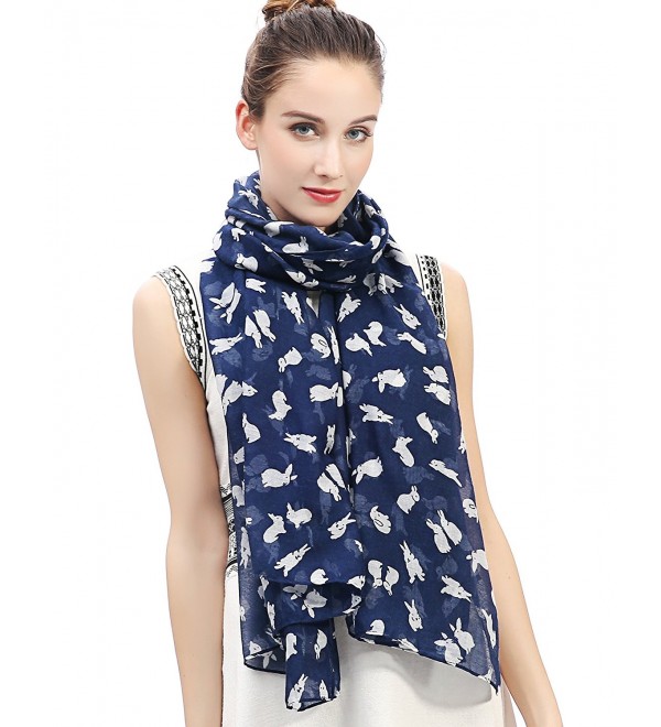 Lina & Lily Lovely Rabbit Bunny Print Women's Large Scarf Lightweight - Blue and White - CQ12MXABRV5