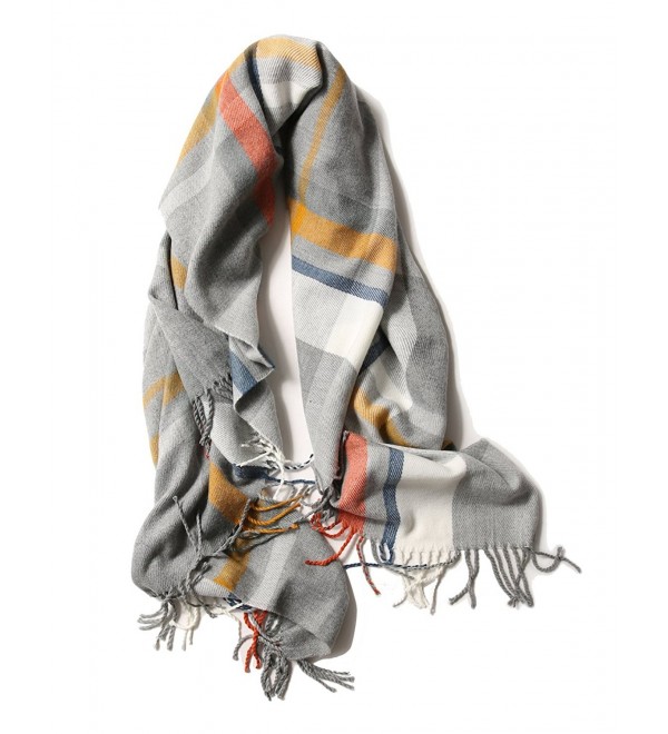 Wool Scarf Shawl Oversize Blanket Cashmere Feel Scarves And Wraps For Men And Women - Grey Orange Plaid - CK1880NZI2I