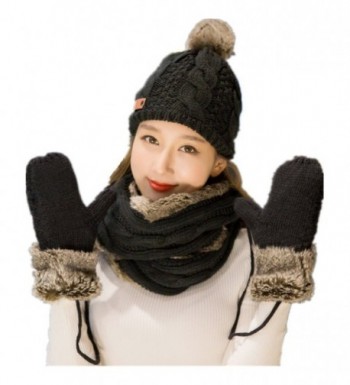 Lucky Beth Winter Warm Women Wool Hat/Scarf/Gloves Set Knitted Hat Scarf Mitten - Black Two-circle Scarf - CP1870IQ4AO