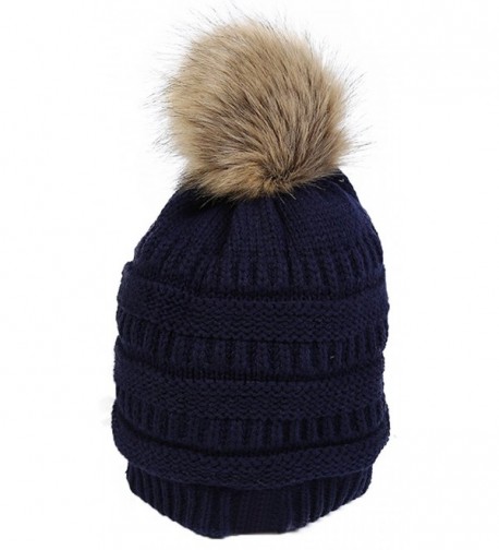 JNINTH Winter Knit Pom Pom Hat Faux Fox Raccoon Fur Cuff Beanie For Women Girls - Dark Blue - C1189463UER