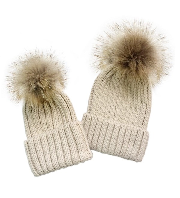 YC FASHION 2PC Parent-Child Real Raccoon Fur Pom Pom Knit Hat Stretchy Mother Baby Beanie Hat - Beige - C81884H9TGH