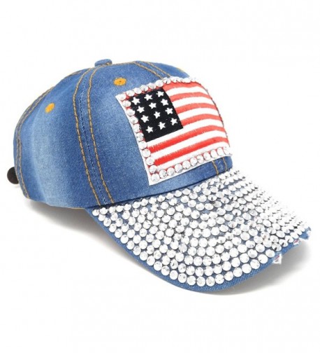 USA Washed Denim Baseball Hat- Rhinestone Studded American Flag Adjustable Cap - Light Wash - C0122K4AEZZ
