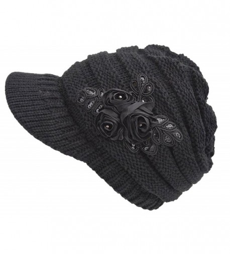 Women Cute Winter Visor Hat Cable Knit Visor Cap With Sequin Flower Accent - Black - CZ18698667W